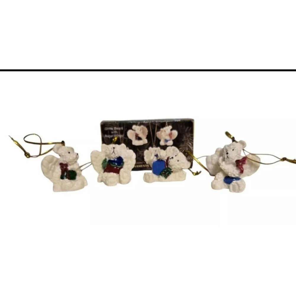 (4) Christmas Ornaments Angel Bear Wings SetPolystone Ornaments
